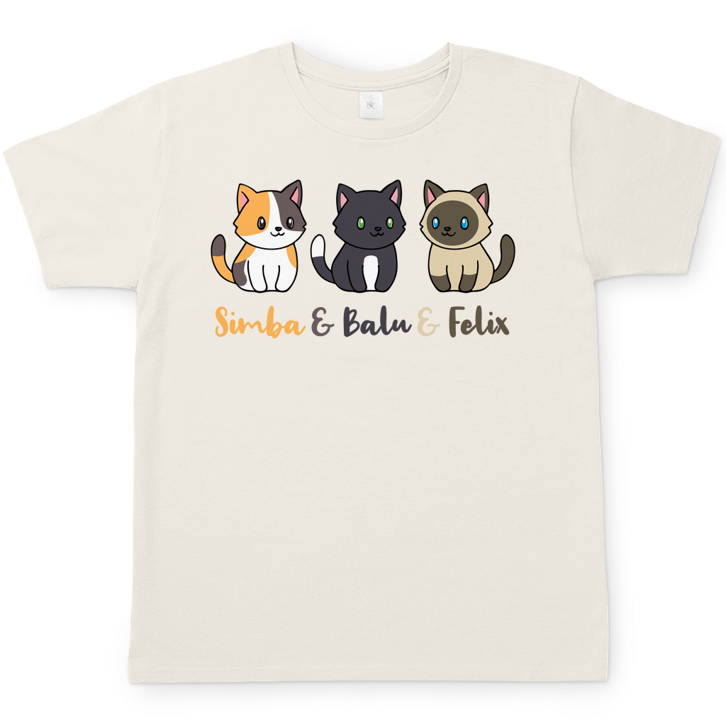 Herren T-Shirt Personalisiert - Drei Individuelle Cartoon Katzen mit Namen