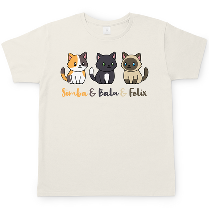 Herren T-Shirt Personalisiert - Drei Individuelle Cartoon Katzen mit Namen