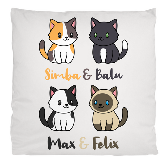 Kopfkissen flauschig Personalisiert - Vier Individuelle Cartoon Katzen mit Namen