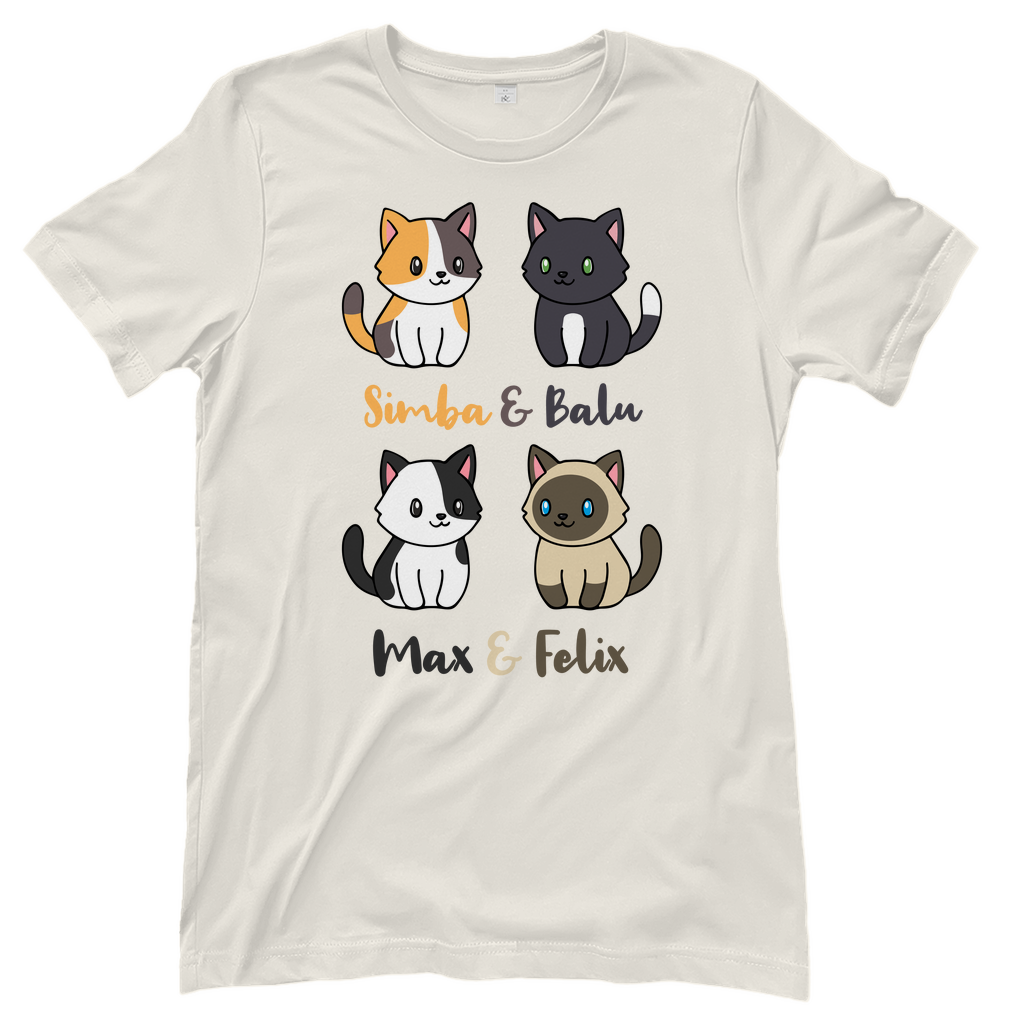 Damen T-Shirt Personalisiert - Vier Individuelle Cartoon Katzen mit Namen