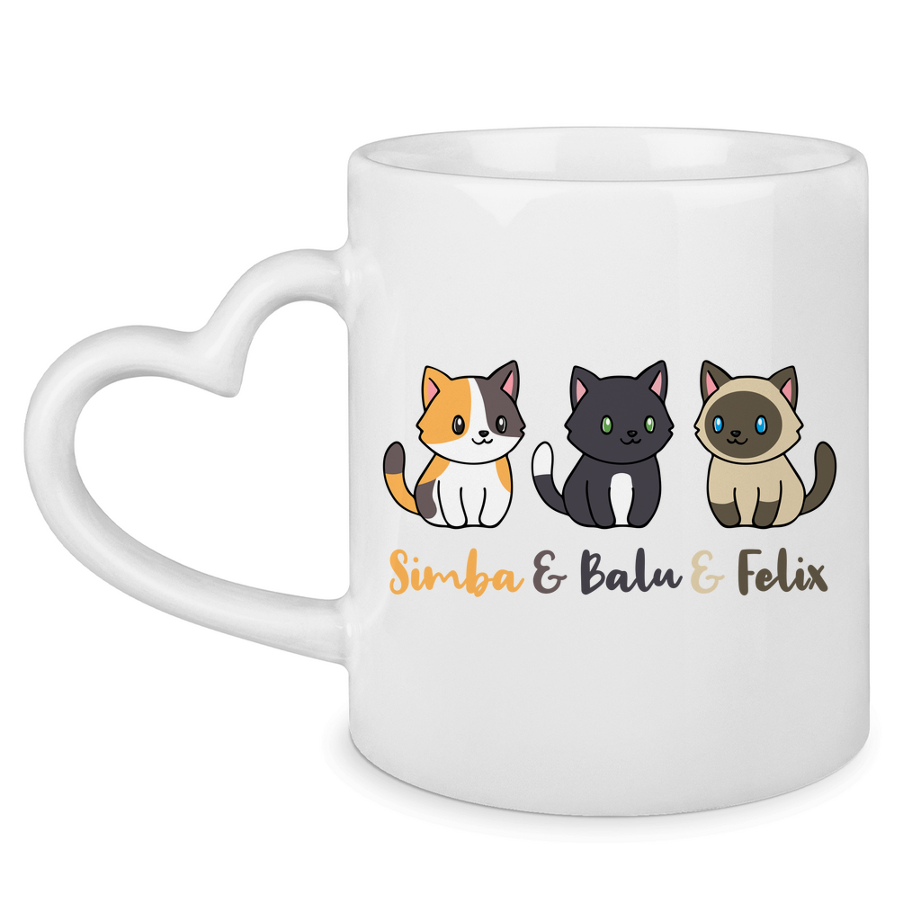 Tasse mit Herzhenkel Personalisiert - Drei Individuelle Cartoon Katzen mit Namen