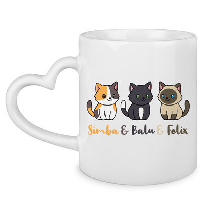 Tasse mit Herzhenkel Personalisiert - Drei Individuelle Cartoon Katzen mit Namen