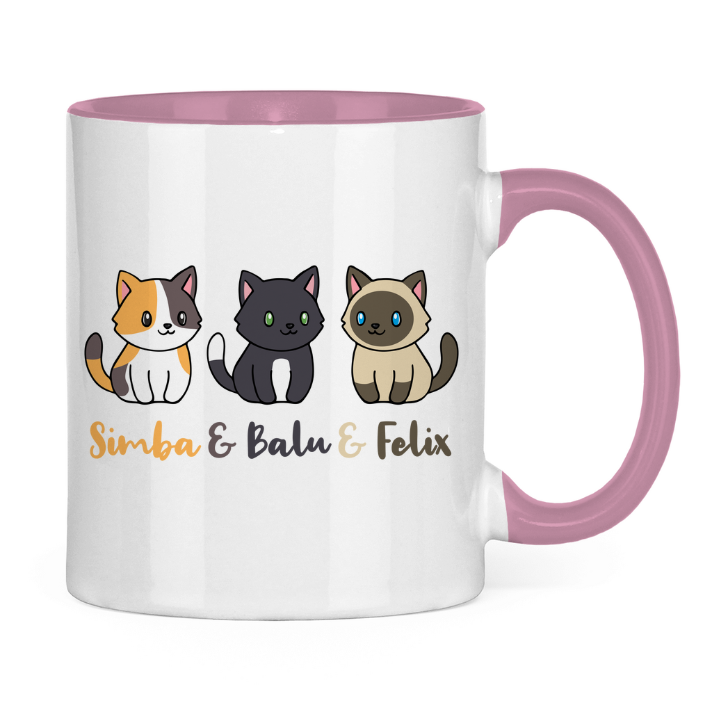 Tasse zweifarbig Personalisiert - Drei Individuelle Cartoon Katzen mit Namen