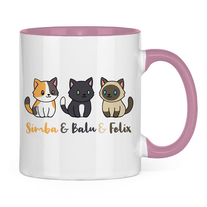 Tasse zweifarbig Personalisiert - Drei Individuelle Cartoon Katzen mit Namen