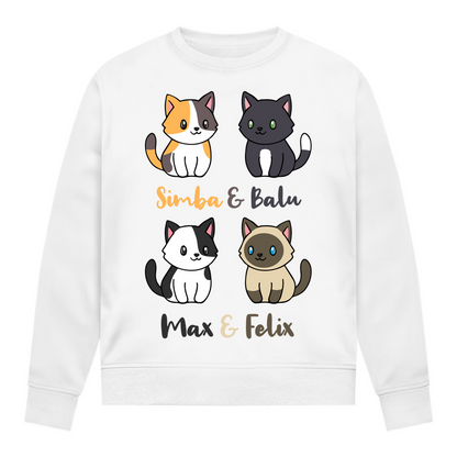 Damen Sweatshirt Personalisiert - Vier Individuelle Cartoon Katzen mit Namen