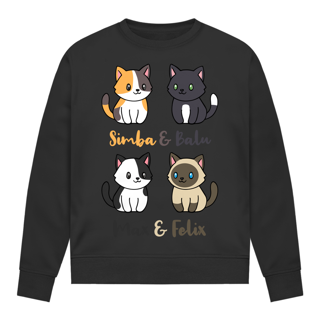 Damen Sweatshirt Personalisiert - Vier Individuelle Cartoon Katzen mit Namen