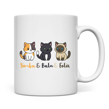 Tasse Personalisiert - Drei Individuelle Cartoon Katzen mit Namen