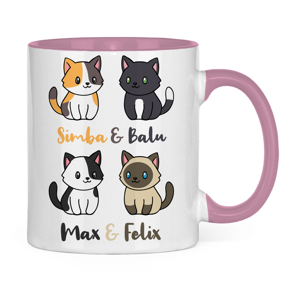 Tasse zweifarbig Personalisiert - Vier Individuelle Cartoon Katzen mit Namen