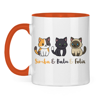 Tasse zweifarbig Personalisiert - Drei Individuelle Cartoon Katzen mit Namen