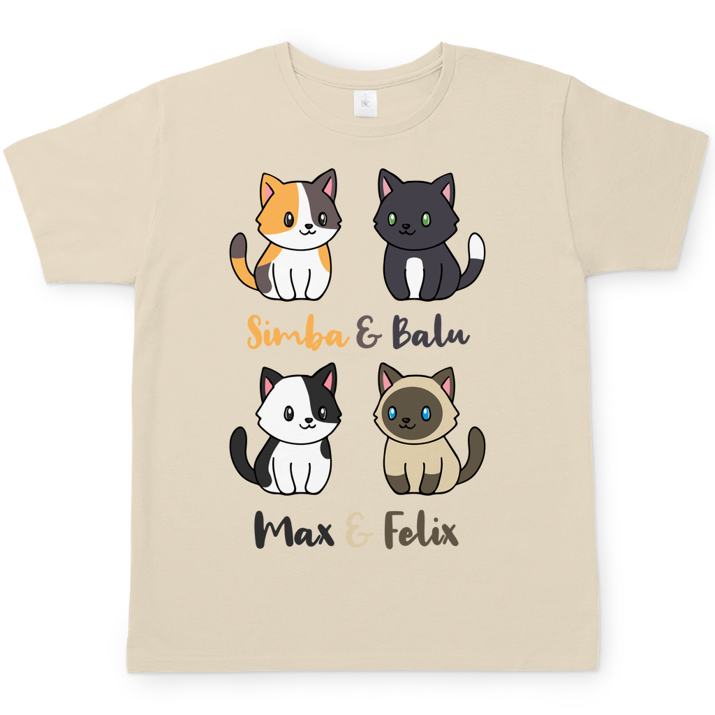 Herren T-Shirt Personalisiert - Vier Individuelle Cartoon Katzen mit Namen