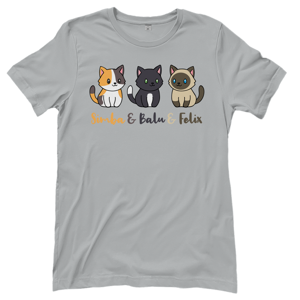 Damen T-Shirt Personalisiert - Drei Individuelle Cartoon Katzen mit Namen