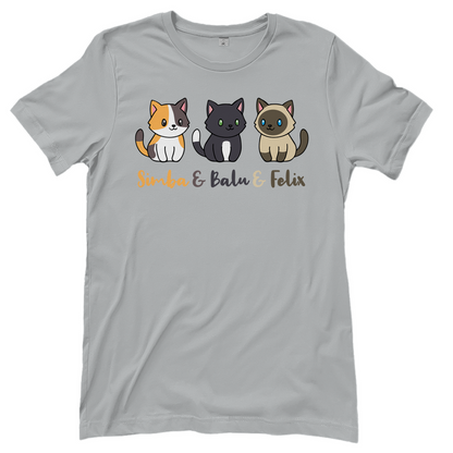Damen T-Shirt Personalisiert - Drei Individuelle Cartoon Katzen mit Namen