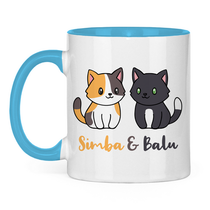 Tasse zweifarbig Personalisiert - Zwei Individuelle Cartoon Katzen mit Namen