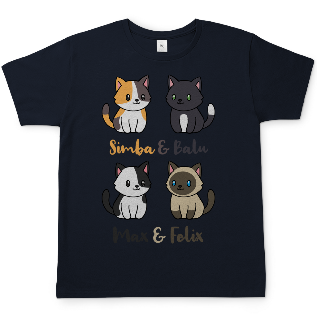 Herren T-Shirt Personalisiert - Vier Individuelle Cartoon Katzen mit Namen