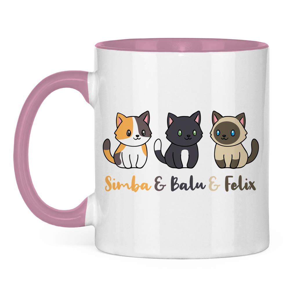 Tasse zweifarbig Personalisiert - Drei Individuelle Cartoon Katzen mit Namen