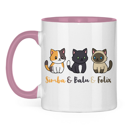 Tasse zweifarbig Personalisiert - Drei Individuelle Cartoon Katzen mit Namen