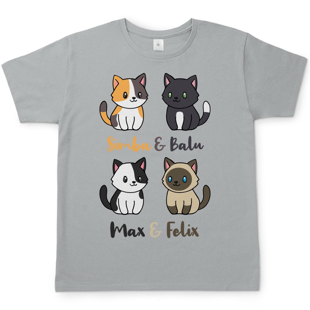 Herren T-Shirt Personalisiert - Vier Individuelle Cartoon Katzen mit Namen