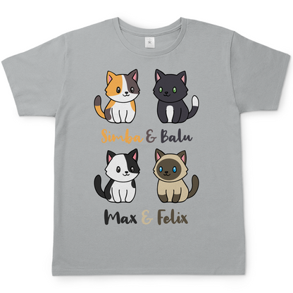 Herren T-Shirt Personalisiert - Vier Individuelle Cartoon Katzen mit Namen