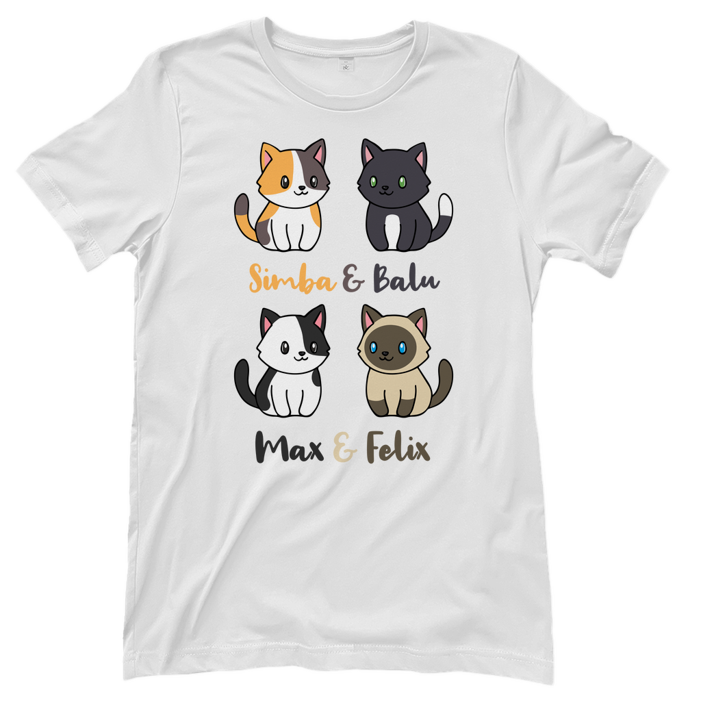 Damen T-Shirt Personalisiert - Vier Individuelle Cartoon Katzen mit Namen