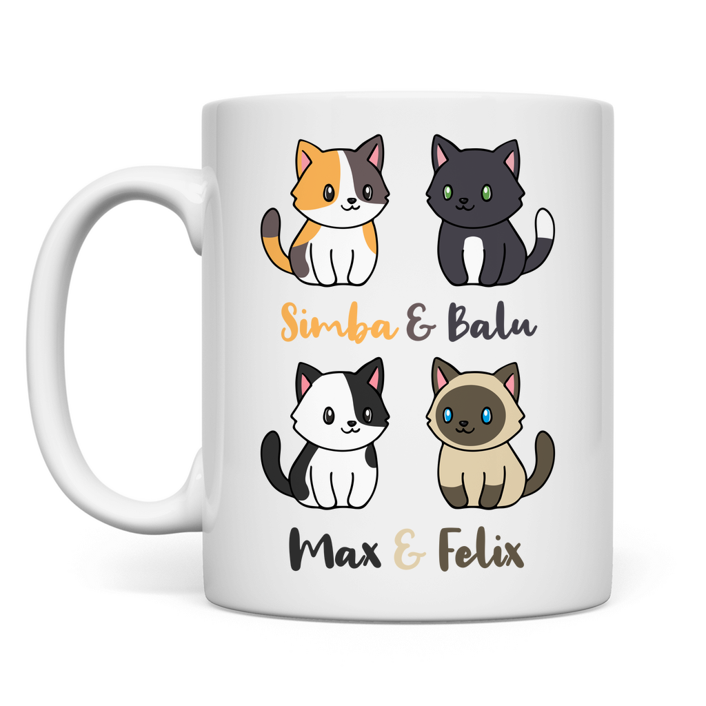 Tasse Personalisiert - Vier Individuelle Cartoon Katzen mit Namen
