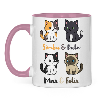 Tasse zweifarbig Personalisiert - Vier Individuelle Cartoon Katzen mit Namen