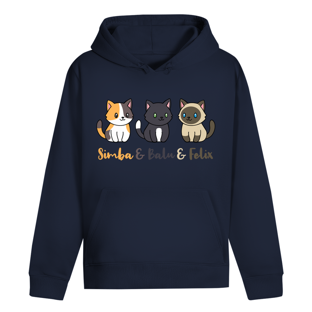 ST/ST Drummer Hoodie Personalisiert - Drei Individuelle Cartoon Katzen mit Namen