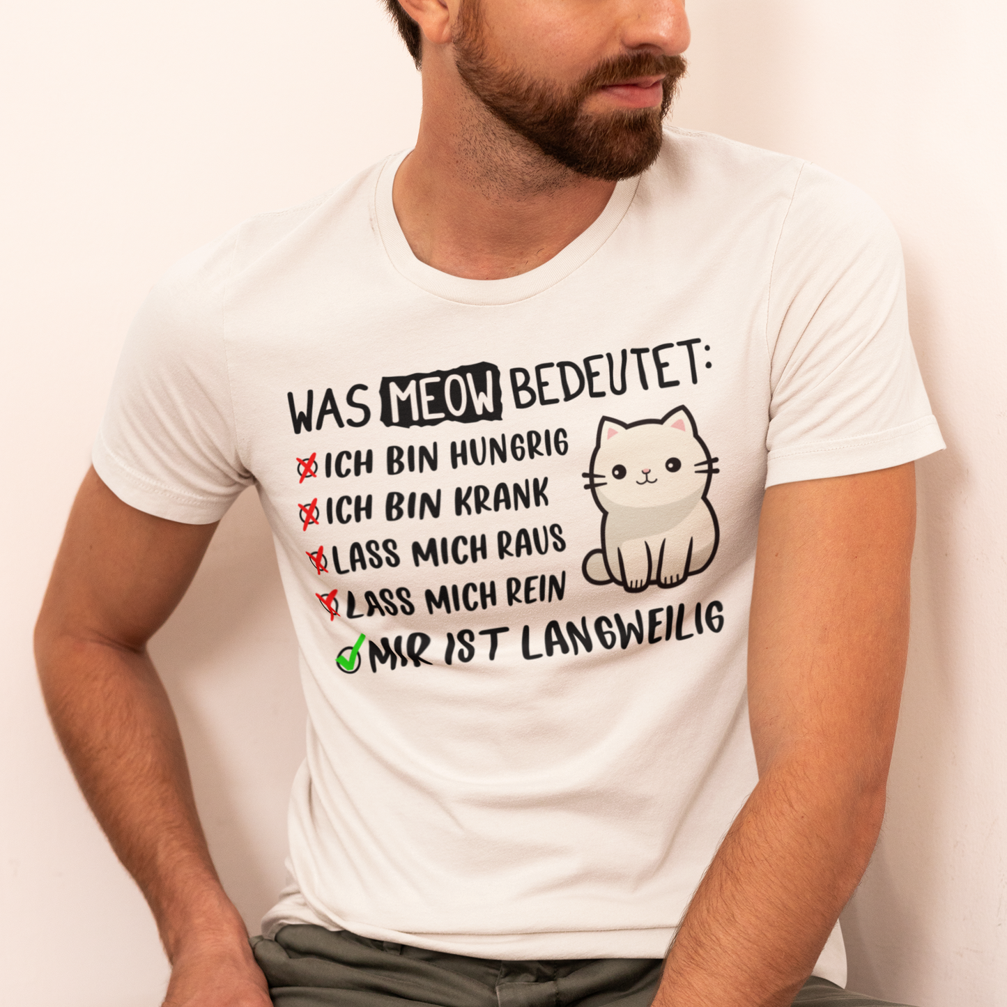 Herren T-Shirt - Was Meow bedeutet - Lustiges Katzensprache Design