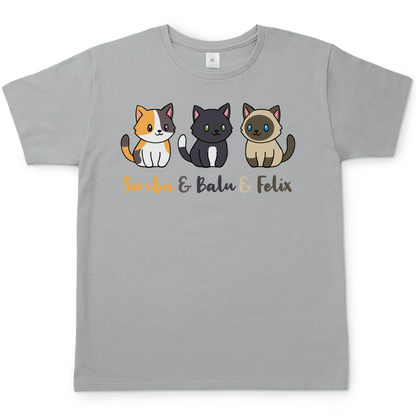 Herren T-Shirt Personalisiert - Drei Individuelle Cartoon Katzen mit Namen