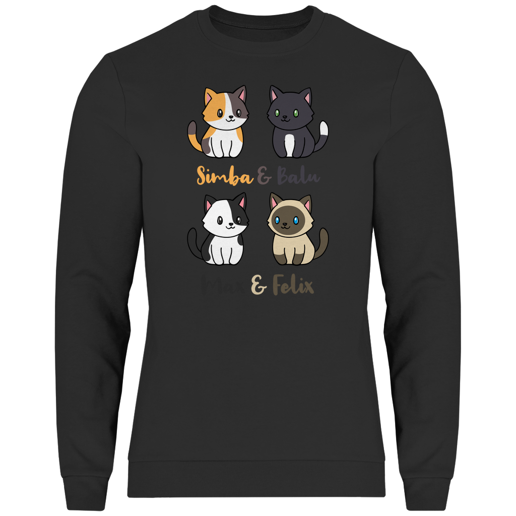 Herren Sweatshirt Personalisiert - Vier Individuelle Cartoon Katzen mit Namen