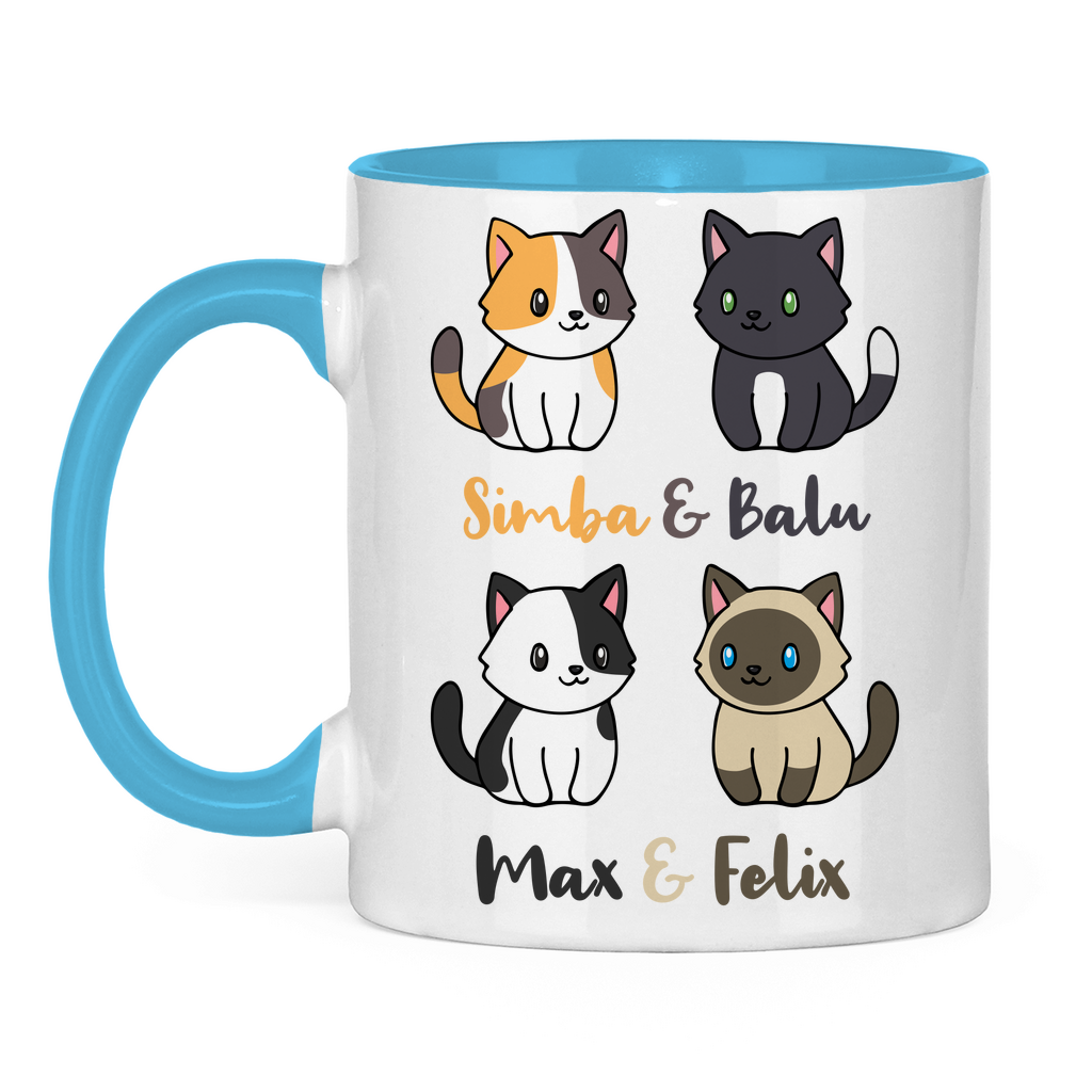 Tasse zweifarbig Personalisiert - Vier Individuelle Cartoon Katzen mit Namen