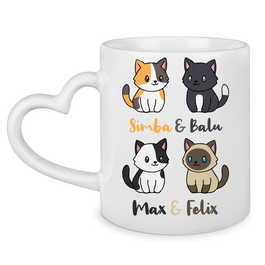 Tasse mit Herzhenkel Personalisiert - Vier Individuelle Cartoon Katzen mit Namen