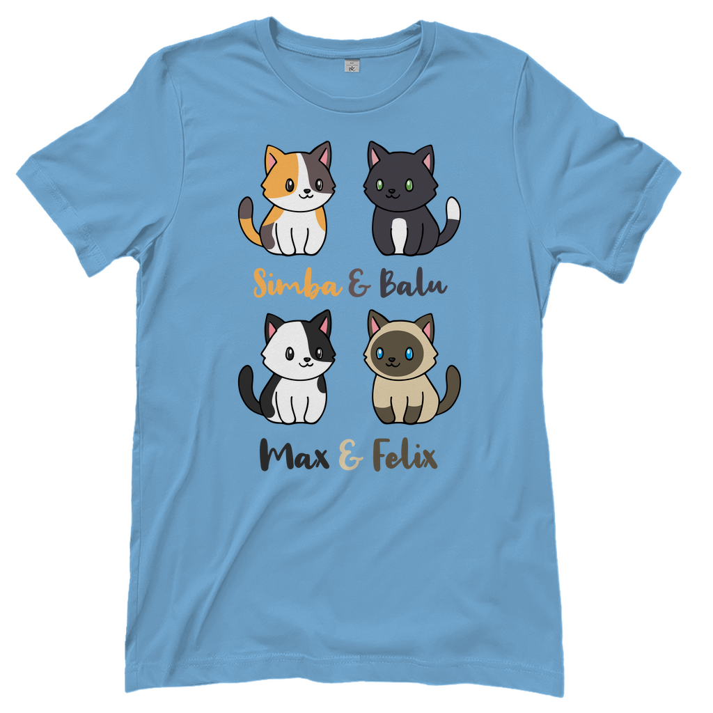 Damen T-Shirt Personalisiert - Vier Individuelle Cartoon Katzen mit Namen