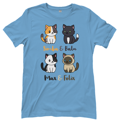 Damen T-Shirt Personalisiert - Vier Individuelle Cartoon Katzen mit Namen