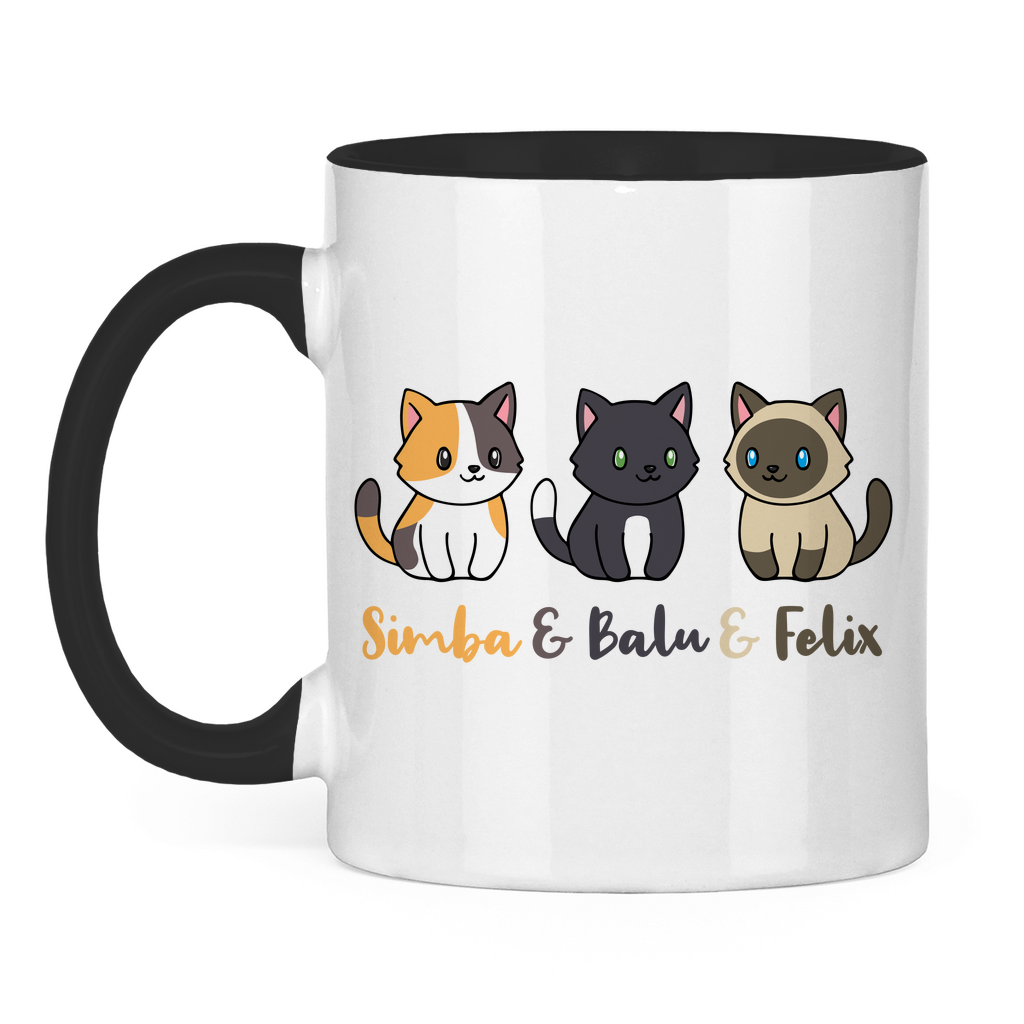 Tasse zweifarbig Personalisiert - Drei Individuelle Cartoon Katzen mit Namen