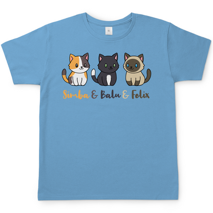 Herren T-Shirt Personalisiert - Drei Individuelle Cartoon Katzen mit Namen