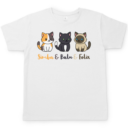Herren T-Shirt Personalisiert - Drei Individuelle Cartoon Katzen mit Namen
