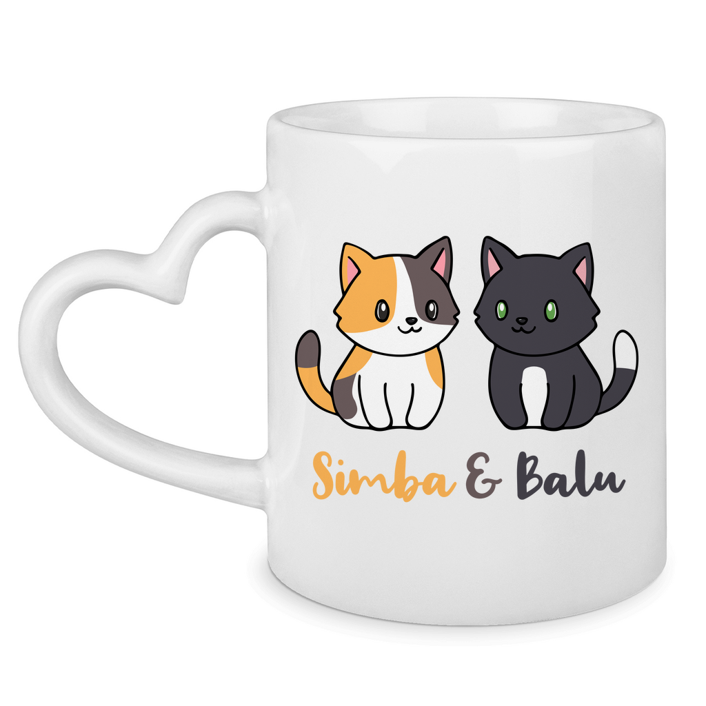 Tasse mit Herzhenkel Personalisiert - Zwei Individuelle Cartoon Katzen mit Namen