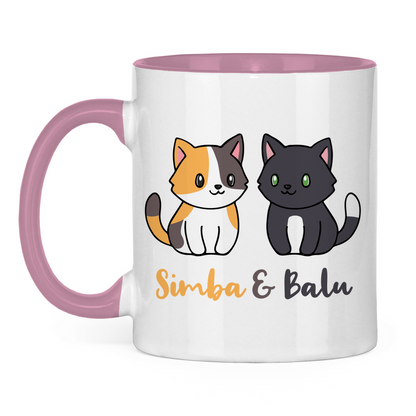 Tasse zweifarbig Personalisiert - Zwei Individuelle Cartoon Katzen mit Namen