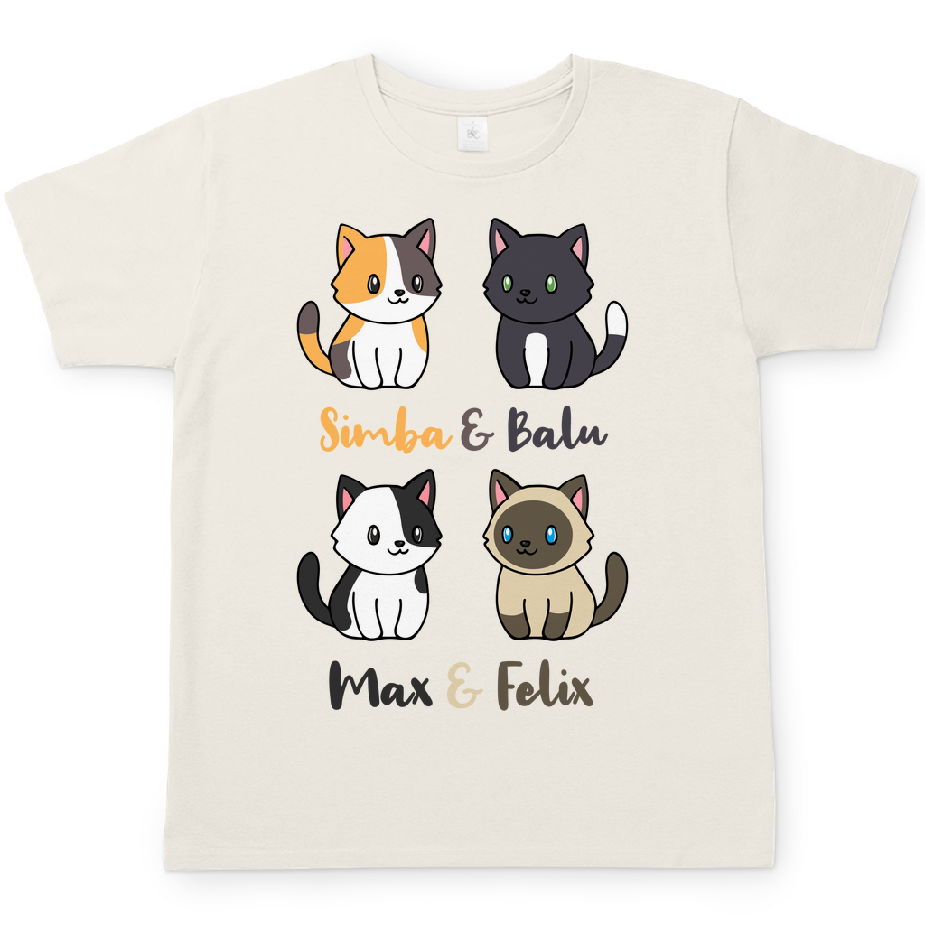 Herren T-Shirt Personalisiert - Vier Individuelle Cartoon Katzen mit Namen