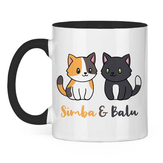 Tasse zweifarbig Personalisiert - Zwei Individuelle Cartoon Katzen mit Namen