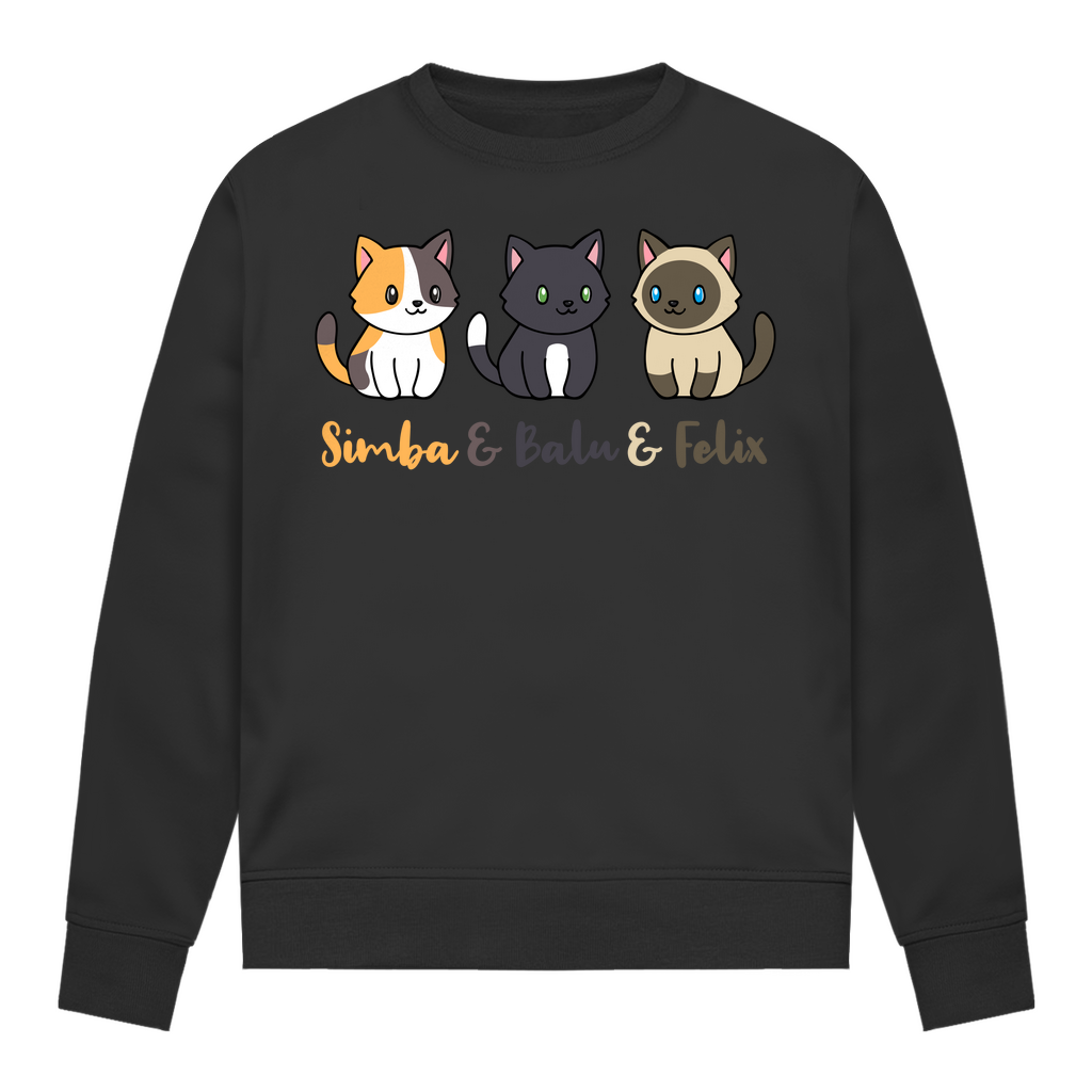 Damen Sweatshirt Personalisiert - Drei Individuelle Cartoon Katzen mit Namen