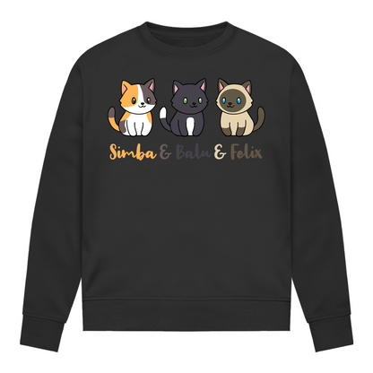 Damen Sweatshirt Personalisiert - Drei Individuelle Cartoon Katzen mit Namen