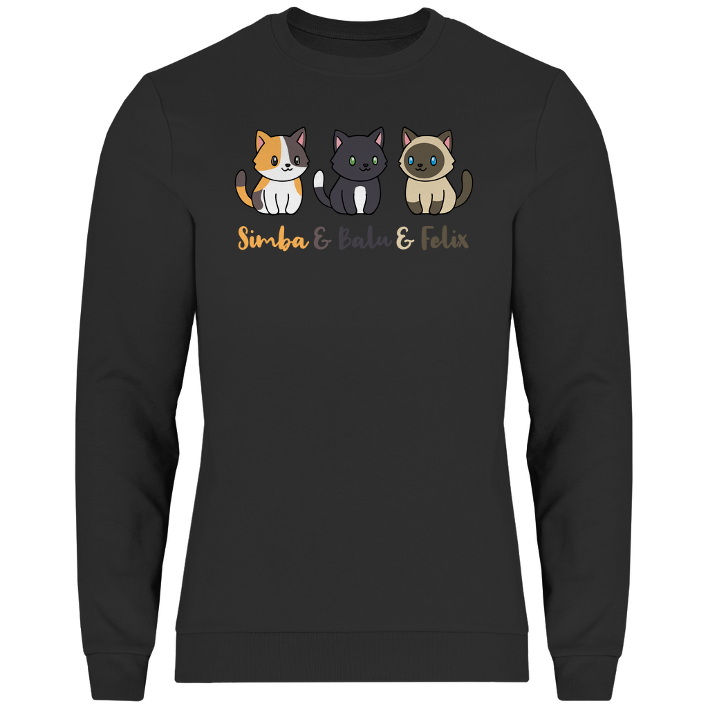 Herren Sweatshirt Personalisiert - Drei Individuelle Cartoon Katzen mit Namen