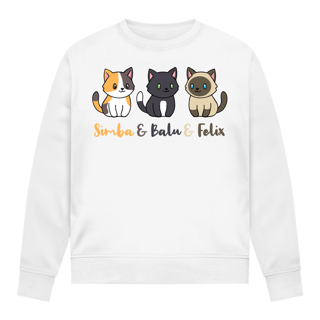 Damen Sweatshirt Personalisiert - Drei Individuelle Cartoon Katzen mit Namen