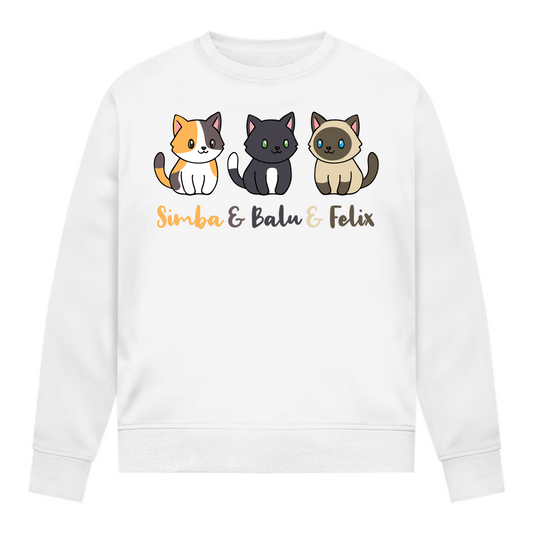 Damen Sweatshirt Personalisiert - Drei Individuelle Cartoon Katzen mit Namen