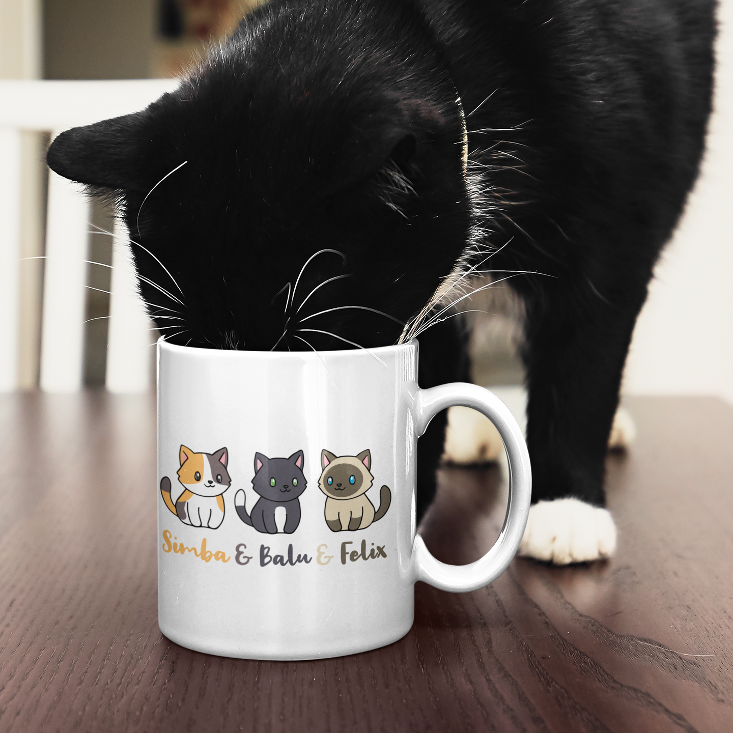 Tasse Personalisiert - Drei Individuelle Cartoon Katzen mit Namen