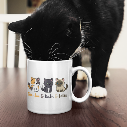 Tasse Personalisiert - Drei Individuelle Cartoon Katzen mit Namen