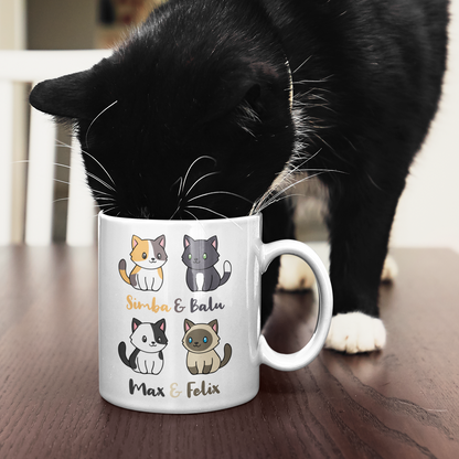 Tasse Personalisiert - Vier Individuelle Cartoon Katzen mit Namen