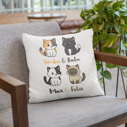 Kopfkissen flauschig Personalisiert - Vier Individuelle Cartoon Katzen mit Namen