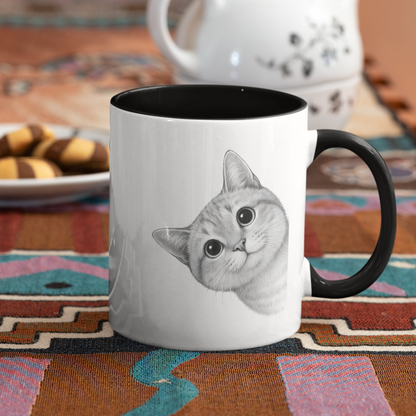 Tasse zweifarbig - Sneaky Cat – Neugierige Katze schaut um die Ecke